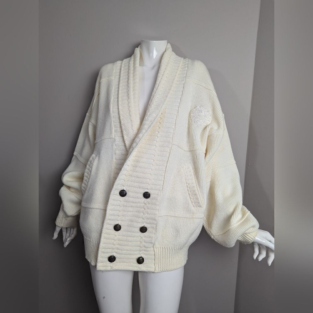 Oversized Cream Double-Breasted Knit Cardigan